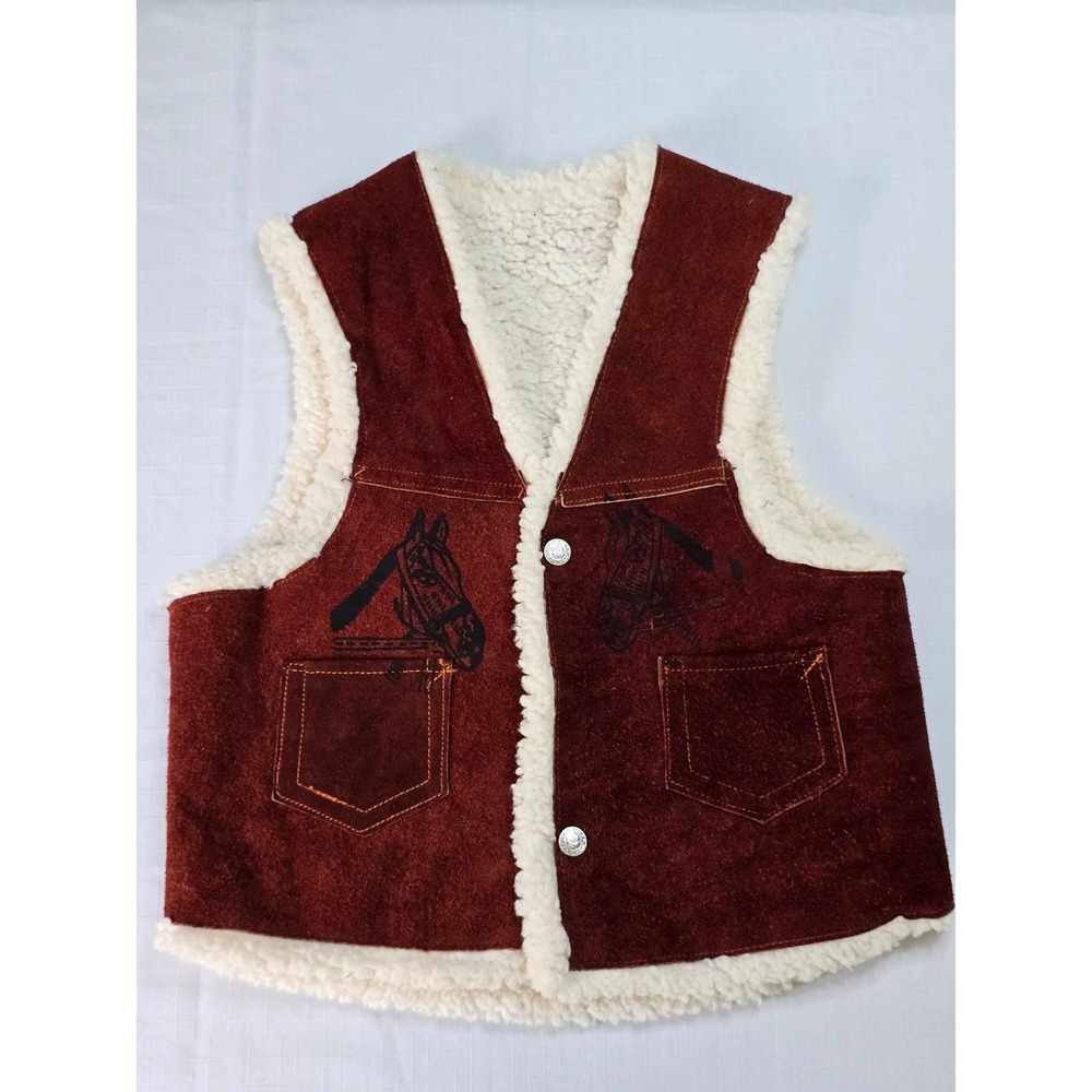 Vintage Kids Western Suede Faux Shearling Horse Graphic Vest Brown Size 10